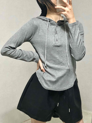 Slim Fit Button Hooded Long Sleeve T-shirt