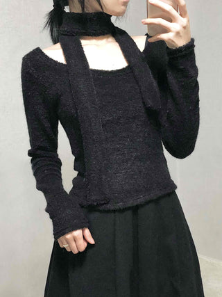 Soft Lambskin Shoulder Cut Mock Neck T-shirt
