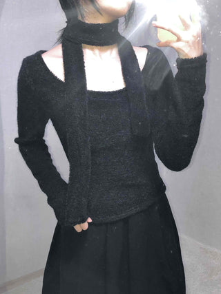 Soft Lambskin Shoulder Cut Mock Neck T-shirt