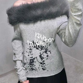 Fur-trimmed Lettering Print Slim Fit Long Sleeve T-shirt