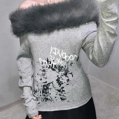 Fur-trimmed Lettering Print Slim Fit Long Sleeve T-shirt