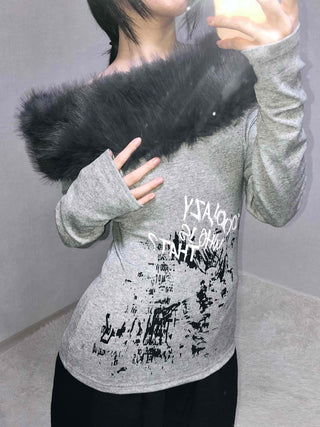Fur-trimmed Lettering Print Slim Fit Long Sleeve T-shirt