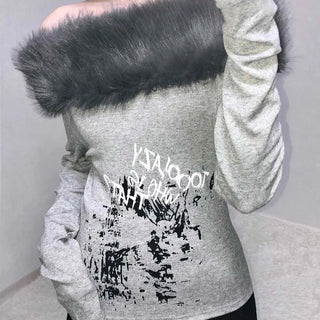 Fur-trimmed Lettering Print Slim Fit Long Sleeve T-shirt