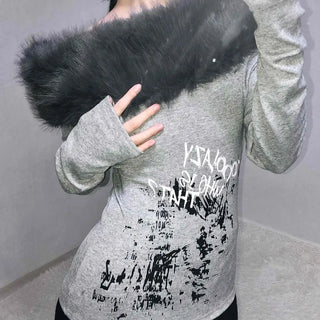 Fur-trimmed Lettering Print Slim Fit Long Sleeve T-shirt