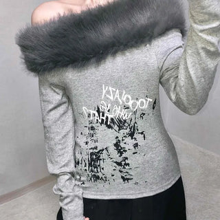 Fur-trimmed Lettering Print Slim Fit Long Sleeve T-shirt
