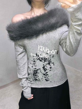 Fur-trimmed Lettering Print Slim Fit Long Sleeve T-shirt
