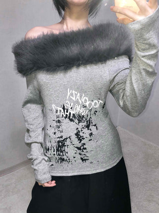 Fur-trimmed Lettering Print Slim Fit Long Sleeve T-shirt