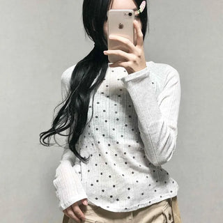 All-Round Pearl Stud Ribbed Half-Neck Long-Sleeve T-Shirt