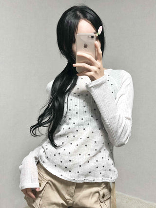 All-Round Pearl Stud Ribbed Half-Neck Long-Sleeve T-Shirt