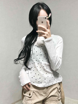 All-Round Pearl Stud Ribbed Half-Neck Long-Sleeve T-Shirt