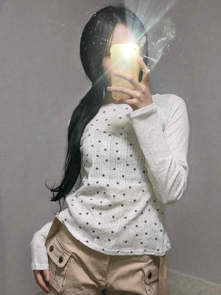All-Round Pearl Stud Ribbed Half-Neck Long-Sleeve T-Shirt