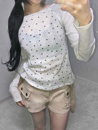 All-Round Pearl Stud Ribbed Half-Neck Long-Sleeve T-Shirt