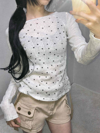 All-Round Pearl Stud Ribbed Half-Neck Long-Sleeve T-Shirt