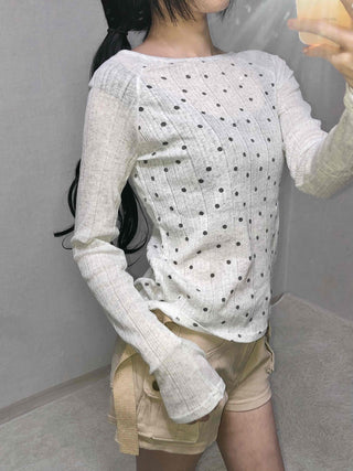 All-Round Pearl Stud Ribbed Half-Neck Long-Sleeve T-Shirt