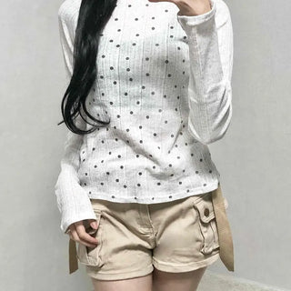All-Round Pearl Stud Ribbed Half-Neck Long-Sleeve T-Shirt