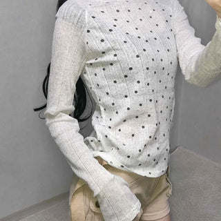 All-Round Pearl Stud Ribbed Half-Neck Long-Sleeve T-Shirt