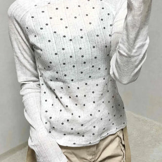 All-Round Pearl Stud Ribbed Half-Neck Long-Sleeve T-Shirt