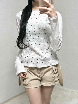 All-Round Pearl Stud Ribbed Half-Neck Long-Sleeve T-Shirt