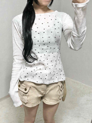 All-Round Pearl Stud Ribbed Half-Neck Long-Sleeve T-Shirt
