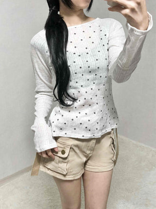 All-Round Pearl Stud Ribbed Half-Neck Long-Sleeve T-Shirt