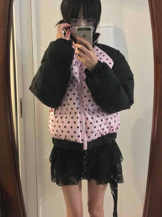 Funky Dot Pattern Color Blocking Crop Short Padded Jacket