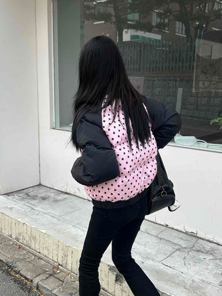 Funky Dot Pattern Color Blocking Crop Short Padded Jacket