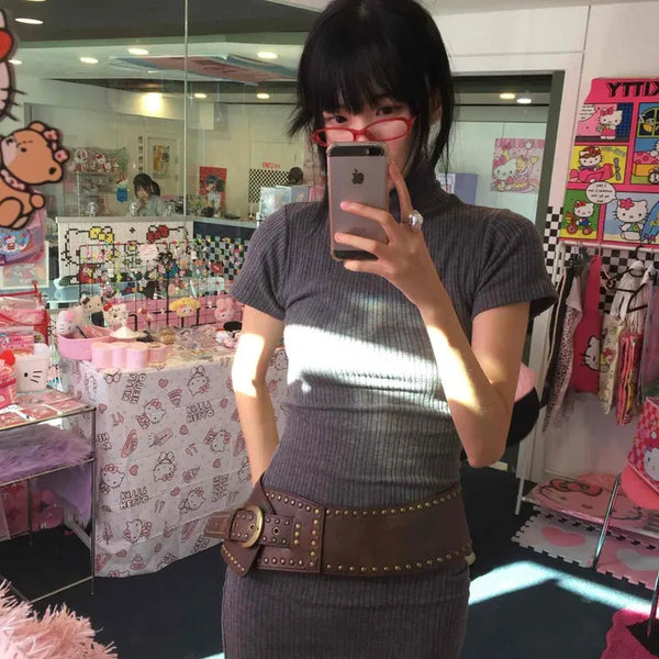 Ribbed Mock Turtleneck Short Sleeve Knit Mini Dress