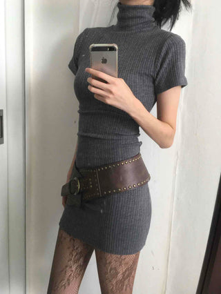 Ribbed Mock Turtleneck Short Sleeve Knit Mini Dress