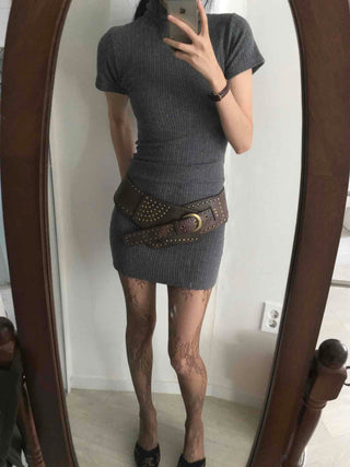 Ribbed Mock Turtleneck Short Sleeve Knit Mini Dress