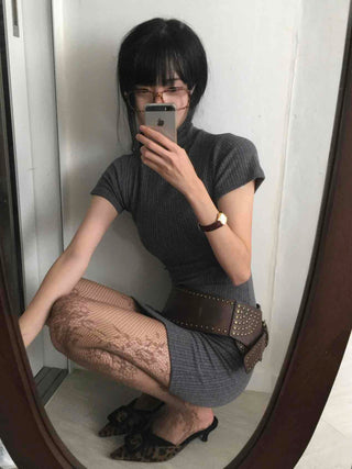Ribbed Mock Turtleneck Short Sleeve Knit Mini Dress