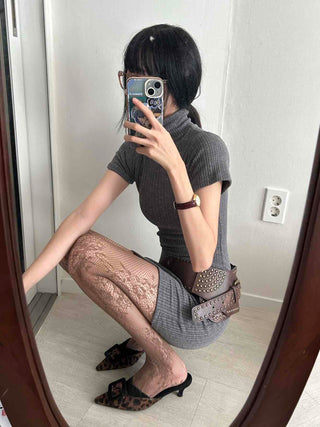 Ribbed Mock Turtleneck Short Sleeve Knit Mini Dress