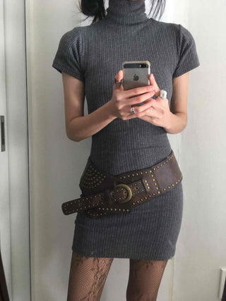 Ribbed Mock Turtleneck Short Sleeve Knit Mini Dress