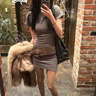 Ribbed Mock Turtleneck Short Sleeve Knit Mini Dress