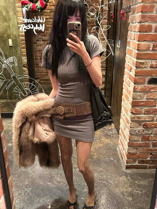 Ribbed Mock Turtleneck Short Sleeve Knit Mini Dress