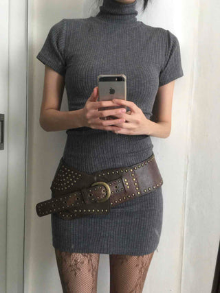 Ribbed Mock Turtleneck Short Sleeve Knit Mini Dress