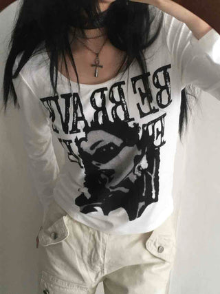 Vintage Graphic Artwork Round Neck Slim Long Sleeve Tee