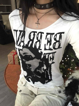 Vintage Graphic Artwork Round Neck Slim Long Sleeve Tee