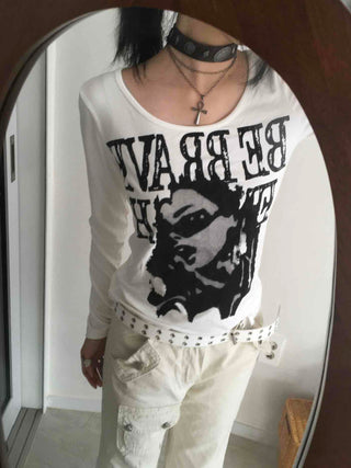 Vintage Graphic Artwork Round Neck Slim Long Sleeve Tee