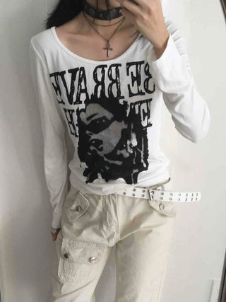 Vintage Graphic Artwork Round Neck Slim Long Sleeve Tee