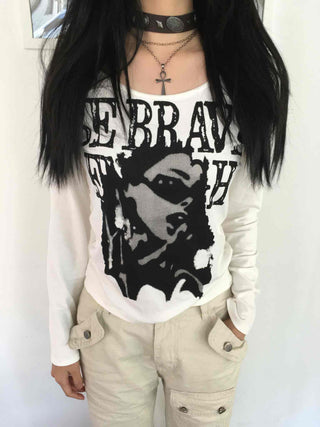 Vintage Graphic Artwork Round Neck Slim Long Sleeve Tee