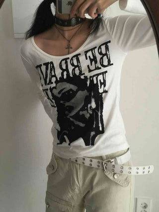 Vintage Graphic Artwork Round Neck Slim Long Sleeve Tee