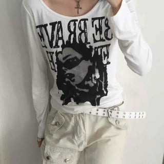 Vintage Graphic Artwork Round Neck Slim Long Sleeve Tee