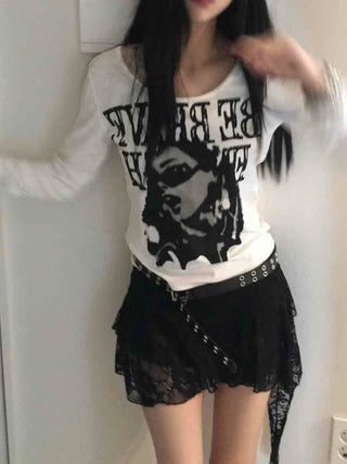 Vintage Graphic Artwork Round Neck Slim Long Sleeve Tee