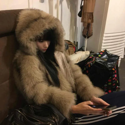 Rabbit Oversized Hooded Fur Jacket
