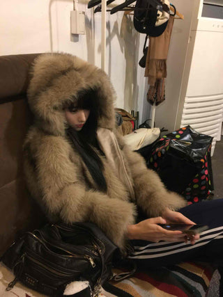 Rabbit Oversized Hooded Fur Jacket