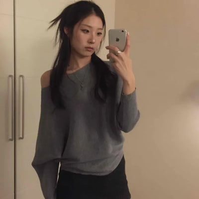 Cold Shoulder Off-Wide Slit Oversized Knit