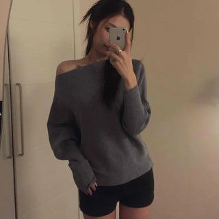 Cold Shoulder Off-Wide Slit Oversized Knit
