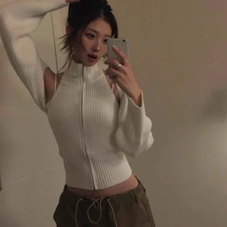 Cold Shoulder Half-Zip Ribbed Knit