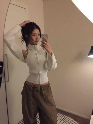 Cold Shoulder Half-Zip Ribbed Knit