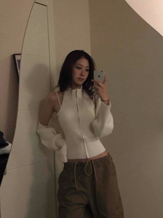 Cold Shoulder Half-Zip Ribbed Knit